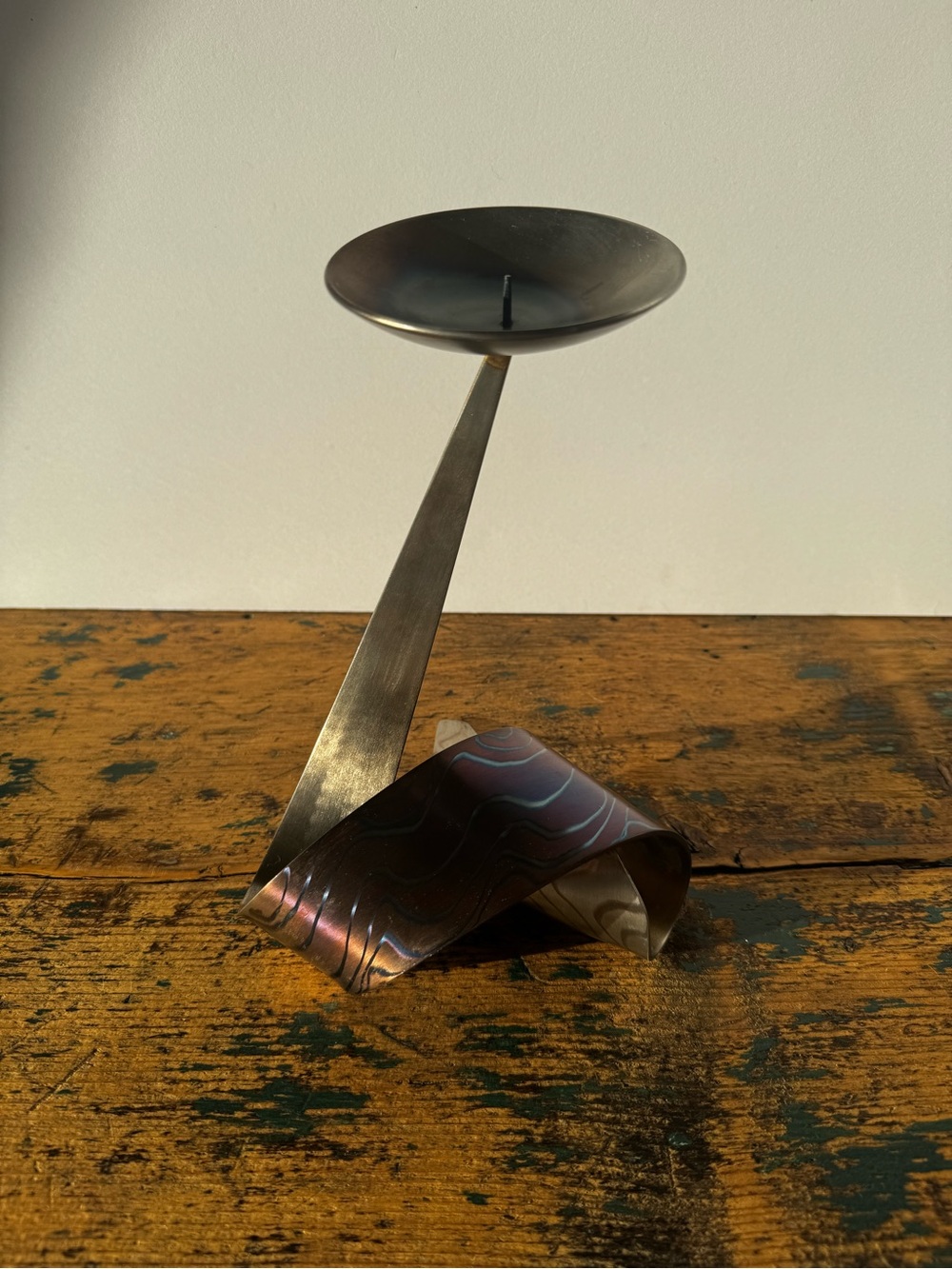 Artisan Iridescent Silver Modern Sculptural Candle Holder
